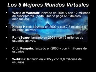 Los 5 Mejores Mundos Virtuales World of Warcraft : lanzado en 2004 y con 12 millones de suscriptores. (cada usuario paga $15 dólares mensuales) Habbo Hotel : lanzado en 2000 y con 7,5 millones de usuarios activos.  RuneScape : lanzado en 2001 y con 5 millones de usuarios activos.  Club Penguin:  lanzado en 2006 y con 4 millones de usuarios  Webkinz:  lanzado en 2005 y con 3,8 millones de usuarios  