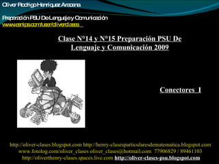 Oliver Rodrigo Henríquez Aracena  Preparación PSU De Lenguaje y Comunicación www.esnips.com/user/oliverclases   Clase N°14 y N°15 Preparación PSU De Lenguaje y Comunicación 2009 Conectores  I http://oliver-clases.blogspot.com   http://henry-clasesparticularesdematematica.blogspot.com www.fotolog.com/oliver_clases oliver_clases@hotmail.com  77906829 / 89461103 http://oliverthenry-clases.spaces.live.com   http://oliver-clases-psu.blogspot.com 