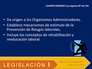• Da origen a los Organismos Administradores.
• Establece mecanismos de estímulo de la
Prevención de Riesgos laborales.
• Incluye los conceptos de rehabilitación y
reeducación laboral.
LEGISLACIÓN I
Historia de la legislación
laboral en Chile
CUARTO PERIODO Ley vigente Nº 16.744
 