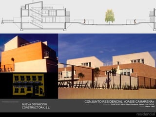 Promotor/constructor:                        CONJUNTO RESIDENCIAL «OASIS CAMARENA»
                        NUEVA DEFINICIÓN              Situación: PARCELAS 49-64. Mas Camarena, Bétera, VALENCIA
                                                                                               Fecha: Marzo 1995
                        CONSTRUCTORA, S.L.

                                                                                           residencial
 