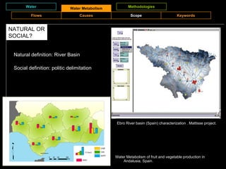 Water Water Metabolism Methodologies NATURAL OR SOCIAL? Natural definition: River Basin Social definition: politic delimitation  Water Metabolism of fruit and vegetable production in Andalusia, Spain. Ebro River basin (Spain) characterization . Mattisse project. Flows Causes Scope Keywords 