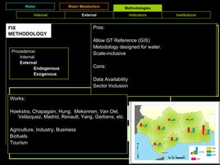 Water Water Metabolism Methodologies FIX METHODOLOGY Procedence: Internal  External Endogenous Exogenous Pros: Allow GT Reference (GIS) Metodology designed for water. Scale-inclusive Cons: Data Availability Sector Inclusion Works: Hoekstra, Chapagain, Hung,  Mekonnen, Van Oel, Velzquez, Madrid, Renault, Yang, Gerbens, etc. Agriculture, Industry, Business Biofuels Tourism Crop Water Requirement Yield Specific Water Demand Surface (T) Production Trade Virtual Water Domestic Water Use Exported Virtual Water Internal WF External WF (Imported VW) Water Footprint Internal External Indicators Institutions 