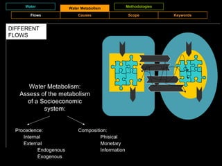 Water Water Metabolism Methodologies DIFFERENT FLOWS Procedence: Internal  External Endogenous Exogenous Composition: Phisical Monetary Information Water Metabolism: Assess of the metabolism of a Socioeconomic system: Flows Causes Scope Keywords 