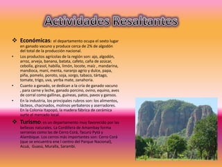  Económicas: el departamento ocupa el sexto lugar
en ganado vacuno y produce cerca de 2% de algodón
del total de la producción nacional.
• Los productos agrícolas de la región son: ajo, algodón,
arroz, arveja, banana, batata, cafeto, caña de azúcar,
cebolla, girasol, habilla, limón, locote, maíz , mandarina,
mandioca, maní, menta, naranjo agrio y dulce, papa,
piña, pomelo, poroto, soja, sorgo, tabaco, tártago,
tomate, trigo, uva, yerba mate, zanahoria.
• Cuanto a ganado, se dedican a la cría de ganado vacuno
, para carne y leche, ganado porcino, ovino, equino, aves
de corral como gallinas, guineas, patos, pavos y gansos.
• En la industria, los principales rubros son: los alimentos,
lácteos, chacinados, molinos yerbateros y aserradores.
En la Colonia Itapopó, la madera fábrica de cerámica
surte el mercado local.
 Turismo: es un departamento muy favorecido por las
bellezas naturales. La Cordillera de Amambay forma
serranías como las de Cerro Corá, Tacurú Pytá y
Alambique. Los cerros más importantes son: Cerro Corá
(que se encuentra ene l centro del Parque Nacional),
Acuá, Guasú, Muralla, Sarambi.
 