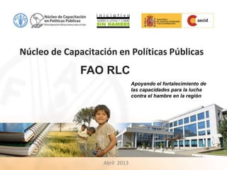 Núcleo de Capacitación en Políticas Públicas
Abril 2013
Apoyando el fortalecimiento de
las capacidades para la lucha
contra el hambre en la región
FAO RLC
 