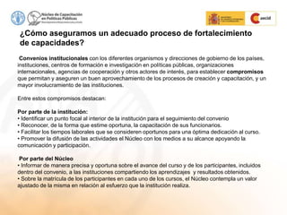 ¿Cómo aseguramos un adecuado proceso de fortalecimiento
de capacidades?
Convenios institucionales con los diferentes organismos y direcciones de gobierno de los países,
instituciones, centros de formación e investigación en políticas públicas, organizaciones
internacionales, agencias de cooperación y otros actores de interés, para establecer compromisos
que permitan y aseguren un buen aprovechamiento de los procesos de creación y capacitación, y un
mayor involucramiento de las instituciones.
Entre estos compromisos destacan:
Por parte de la institución:
• Identificar un punto focal al interior de la institución para el seguimiento del convenio
• Reconocer, de la forma que estime oportuna, la capacitación de sus funcionarios.
• Facilitar los tiempos laborales que se consideren oportunos para una óptima dedicación al curso.
• Promover la difusión de las actividades el Núcleo con los medios a su alcance apoyando la
comunicación y participación.
Por parte del Núcleo
• Informar de manera precisa y oportuna sobre el avance del curso y de los participantes, incluidos
dentro del convenio, a las instituciones compartiendo los aprendizajes y resultados obtenidos.
• Sobre la matrícula de los participantes en cada uno de los cursos, el Núcleo contempla un valor
ajustado de la misma en relación al esfuerzo que la institución realiza.
 