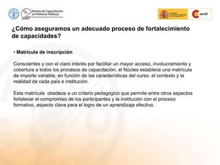 ¿Cómo aseguramos un adecuado proceso de fortalecimiento
de capacidades?
• Matrícula de inscripción
Conscientes y con el claro interés por facilitar un mayor acceso, involucramiento y
cobertura a todos los procesos de capacitación, el Núcleo establece una matrícula
de importe variable, en función de las características del curso, el contexto y la
realidad de cada país e institución.
Esta matrícula obedece a un criterio pedagógico que permite entre otros aspectos
fortalecer el compromiso de los participantes y la institución con el proceso
formativo, aspecto clave para el logro de un aprendizaje efectivo.
 