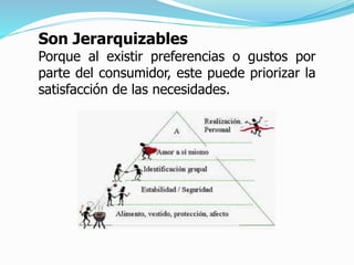 Son Jerarquizables
Porque al existir preferencias o gustos por
parte del consumidor, este puede priorizar la
satisfacción de las necesidades.
 