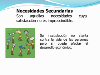 Necesidades Secundarias
Son aquellas necesidades cuya
satisfacción no es imprescindible.
Su insatisfacción no atenta
contra la vida de las personas
pero si puede afectar el
desarrollo económico.
 