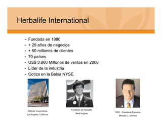 Herbalife International

  •  Fundada en 1980
  •  + 29 años de negocios
  •  + 50 millones de clientes
  •  70 países
  •  US$ 3.800 Millones de ventas en 2008
  •  Líder de la industria
  •  Cotiza en la Bolsa NYSE




                             Fundador de Herbalife
   Oficinas Corporativas
                                                     CEO - Presidente Ejecutivo
                                 Mark Hughes
   Los Angeles, California
                                                        Michael O. Johnson
 