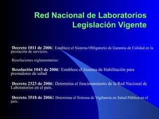 Red Nacional de Laboratorios
Legislación Vigente
-Decreto

1011 de 2006: Establece el Sistema Obligatorio de Garantía de Calidad en la

prestación de servicios.
-Resoluciones

reglamentarias:

1043 de 2006: Establece el Sistema de Habilitación para
prestadores de salud
-Resolución

2323 de 2006: Determina el funcionamiento de la Red Nacional de
Laboratorios en el país.
-Decreto

-Decreto

país.

3518 de 2006: Determina el Sistema de Vigilancia en Salud Pública en el

 