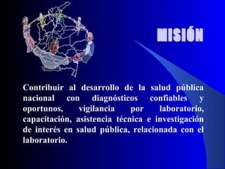 Contribuir al desarrollo de la salud pública
nacional con diagnósticos confiables y
oportunos,
vigilancia
por
laboratorio,
capacitación, asistencia técnica e investigación
de interés en salud pública, relacionada con el
laboratorio.

 