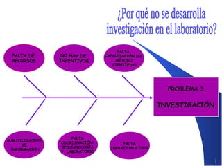 FALTA DE
RECURSOS

NO HAY DE
INCENTIVOS

FALTA
CAPACITACIÓN EN
MÉTODO
CIENTÍFICO

PROBLEMA 3

INVESTIGACIÓN

SUBUTILIZACIÓN
DE
INFORMACIÓN

FALTA
COORDINACIÓN:
EPIDEMIOLOGÍA
Y LABORATORIO.

FALTA
INFRAESTRUCTURA

 