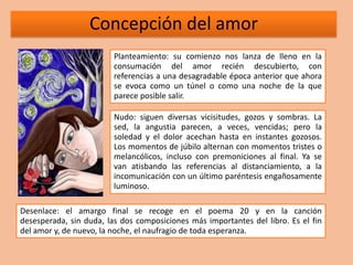 Concepción del amor
                         Planteamiento: su comienzo nos lanza de lleno en la
                         consumación del amor recién descubierto, con
                         referencias a una desagradable época anterior que ahora
                         se evoca como un túnel o como una noche de la que
                         parece posible salir.

                         Nudo: siguen diversas vicisitudes, gozos y sombras. La
                         sed, la angustia parecen, a veces, vencidas; pero la
                         soledad y el dolor acechan hasta en instantes gozosos.
                         Los momentos de júbilo alternan con momentos tristes o
                         melancólicos, incluso con premoniciones al final. Ya se
                         van atisbando las referencias al distanciamiento, a la
                         incomunicación con un último paréntesis engañosamente
                         luminoso.

Desenlace: el amargo final se recoge en el poema 20 y en la canción
desesperada, sin duda, las dos composiciones más importantes del libro. Es el fin
del amor y, de nuevo, la noche, el naufragio de toda esperanza.
 