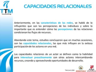 CAPACIDADES RELACIONALES


Anteriormente, en las características de las redes, se habló de lo
influyentes que son las percepciones de los individuos y sobre lo
importante que es entender cómo las percepciones de las relaciones
condicionan los flujos de recursos.

Abordando este tema, estudios concluyeron que en muchas ocasiones,
son las capacidades relacionales, las que más influyen en la exitosa
participación de los actores en una red.

Las capacidades relaciones de un actor se definen como la habilidad
para interactuar proactivamente con otros actores intercambiando
recursos, creando y aprovechando oportunidades de desarrollo.


                                            *McGrath,2008
 