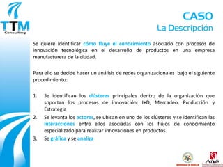 CASO
                                                        La Descripción
Se quiere identificar cómo fluye el conocimiento asociado con procesos de
innovación tecnológica en el desarrollo de productos en una empresa
manufacturera de la ciudad.

Para ello se decide hacer un análisis de redes organizacionales bajo el siguiente
procedimiento:

1.   Se identifican los clústeres principales dentro de la organización que
     soportan los procesos de innovación: I+D, Mercadeo, Producción y
     Estrategia
2.   Se levanta los actores, se ubican en uno de los clústeres y se identifican las
     interacciones entre ellos asociadas con los flujos de conocimiento
     especializado para realizar innovaciones en productos
3.   Se gráfica y se analiza
 