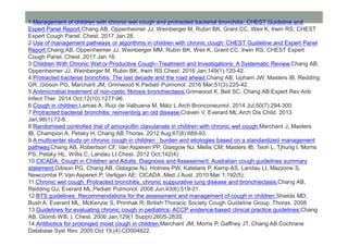 1.Management of children with chronic wet cough and protracted bacterial bronchitis: CHEST Guideline and
Expert Panel Report.Chang AB, Oppenheimer JJ, Weinberger M, Rubin BK, Grant CC, Weir K, Irwin RS; CHEST
Expert Cough Panel..Chest. 2017 Jan 28.
2.Use of management pathways or algorithms in children with chronic cough: CHEST Guideline and Expert Panel
Report.Chang AB, Oppenheimer JJ, Weinberger MM, Rubin BK, Weir K, Grant CC, Irwin RS; CHEST Expert
Cough Panel..Chest. 2017 Jan 16.
3.Children With Chronic Wet or Productive Cough--Treatment and Investigations: A Systematic Review.Chang AB,
Oppenheimer JJ, Weinberger M, Rubin BK, Irwin RS.Chest. 2016 Jan;149(1):120-42.
4.Protracted bacterial bronchitis: The last decade and the road ahead.Chang AB, Upham JW, Masters IB, Redding
GR, Gibson PG, Marchant JM, Grimwood K.Pediatr Pulmonol. 2016 Mar;51(3):225-42.
5.Antimicrobial treatment of non-cystic fibrosis bronchiectasis.Grimwood K, Bell SC, Chang AB.Expert Rev Anti
Infect Ther. 2014 Oct;12(10):1277-96.
6.Cough in children.Lamas A, Ruiz de Valbuena M, Máiz L.Arch Bronconeumol. 2014 Jul;50(7):294-300.
7.Protracted bacterial bronchitis: reinventing an old disease.Craven V, Everard ML.Arch Dis Child. 2013
Jan;98(1):72-6.
8.Randomised controlled trial of amoxycillin clavulanate in children with chronic wet cough.Marchant J, Masters
IB, Champion A, Petsky H, Chang AB.Thorax. 2012 Aug;67(8):689-93.
9.A multicenter study on chronic cough in children : burden and etiologies based on a standardized management
pathway.Chang AB, Robertson CF, Van Asperen PP, Glasgow NJ, Mellis CM, Masters IB, Teoh L, Tjhung I, Morris
PS, Petsky HL, Willis C, Landau LI.Chest. 2012 Oct;142(4):
10.CICADA: Cough in Children and Adults: Diagnosis and Assessment. Australian cough guidelines summary
statement.Gibson PG, Chang AB, Glasgow NJ, Holmes PW, Katelaris P, Kemp AS, Landau LI, Mazzone S,
Newcombe P, Van Asperen P, Vertigan AE; CICADA..Med J Aust. 2010 Mar 1;192(5):
11.Chronic wet cough: Protracted bronchitis, chronic suppurative lung disease and bronchiectasis.Chang AB,
Redding GJ, Everard ML.Pediatr Pulmonol. 2008 Jun;43(6):519-31.
12.BTS guidelines: Recommendations for the assessment and management of cough in children.Shields MD,
Bush A, Everard ML, McKenzie S, Primhak R; British Thoracic Society Cough Guideline Group..Thorax. 2008
13.Guidelines for evaluating chronic cough in pediatrics: ACCP evidence-based clinical practice guidelines.Chang
AB, Glomb WB; )..Chest. 2006 Jan;129(1 Suppl):260S-283S.
14.Antibiotics for prolonged moist cough in children.Marchant JM, Morris P, Gaffney JT, Chang AB.Cochrane
Database Syst Rev. 2005 Oct 19;(4):CD004822.
 