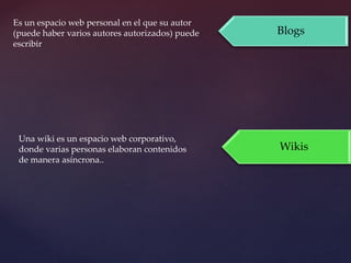 Blogs
Es un espacio web personal en el que su autor
(puede haber varios autores autorizados) puede
escribir
Wikis
Una wiki es un espacio web corporativo,
donde varias personas elaboran contenidos
de manera asíncrona..
 