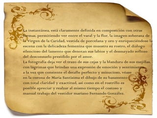 La instantánea, está claramente definida en composición con otras  formas, permitiendo ver entre el varal y la flor, la imagen soberana de  la Virgen de la Caridad, vestida de porcelana y oro y enriqueciéndose la escena con la delicadeza femenina que muestra su rostro, el diálogo silencioso del lamento que denotan sus labios y el desmayado sollozo  del desconsuelo presidido por el amor. La fotografía deja ver el trazo de sus cejas y la blandura de sus mejillas,  con lágrimas que brindan una expresión de emoción y sentimiento,  a la vez que consiente el detalle perfecto y minucioso, véase  en la corona de María Santísima el dibujo de su basamento  con total claridad y exactitud, así como en el rostrillo es  posible apreciar y realzar al mismo tiempo el costoso y  manual trabajo del vestidor mariano Fernando González.   