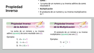 Propiedad
Inverso
• Suma :
• La suma de un numero y su inverso aditivo da como
resultado 0
• Multiplicación
• El producto de un numero y su inverso multiplicativo
es 1
 