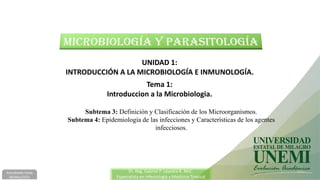 UNIDAD 1:
INTRODUCCIÓN A LA MICROBIOLOGÍA E INMUNOLOGÍA.
Tema 1:
Introduccion a la Microbiologia.
Dr. Abg. Gabriel P. Layedra R. MsC.
Especialista en Infectología y Medicina Tropical
Actualizado hasta
08/May/2021
Subtema 3: Definición y Clasificación de los Microorganismos.
Subtema 4: Epidemiologia de las infecciones y Características de los agentes
infecciosos.
 