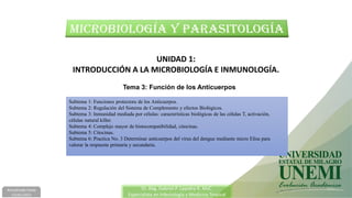 UNIDAD 1:
INTRODUCCIÓN A LA MICROBIOLOGÍA E INMUNOLOGÍA.
Tema 3: Función de los Anticuerpos
Dr. Abg. Gabriel P. Layedra R. MsC.
Especialista en Infectología y Medicina Tropical
Actualizado hasta
12/dic/2021
Subtema 1: Funciones protectora de los Anticuerpos.
Subtema 2: Regulación del Sistema de Complemento y efectos Biológicos.
Subtema 3: Inmunidad mediada por células: características biológicas de las células T, activación,
células natural killer.
Subtema 4: Complejo mayor de histocompatibilidad, citocinas.
Subtema 5: Citocinas.
Subtema 6: Practica No. 3 Determinar anticuerpos del virus del dengue mediante micro Elisa para
valorar la respuesta primaria y secundaria.
 