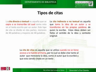 DEPARTAMENTO DE BIBLIOTECA

Tipos de citas
La cita directa o textual es aquella que se
copia o se transcribe tal cual como esta
en el texto escrito por un autor. Este tipo
de cita se divide en dos partes: menores
de 40 palabras y mayores de 40 palabras

La cita indirecta o no textual es aquella
que toma la idea de un autor y se
transforma en las propias palabras de
quien la escribe. Estas ideas deben ser
fieles al sentido de la idea y contexto
original.

La cita de citas es aquella que se utiliza cuando no se tiene
acceso a la fuente primaria, por lo cual se debe citar tanto al
autor que menciona la idea, como al autor que la escribió y
que esta siendo citado en un texto .

 