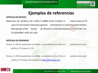 DEPARTAMENTO DE BIBLIOTECA

Ejemplos de referencias
ARTÍCULO DE REVISTA
Bakermans, M., Vendoorn, M. y Juffer, F. (2008). Earlier is better: A
years of intervention improving cognitive
Monographs of the

Society

meta-analysis of 70

development in institutionalized children.

for Research in Child Development, 73, 279-293. doi:

10.1054/0987- 8765.24.3.456

ARTÍCULO DE PERIODICO
Peraza, H. (30 de septiembre de 2008). La obesidad en los niños un

problema de salud

pública. El Tiempo, C4 -C5.

Peraza, H. (30 de septiembre de 2008). La obesidad en los niños un
pública. El Tiempo. Recuperado de http://eltiempo.com

problema de salud

 