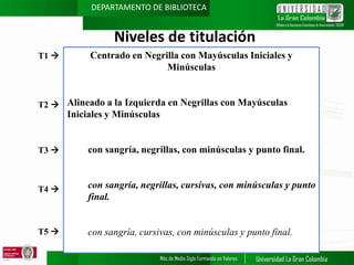 DEPARTAMENTO DE BIBLIOTECA

Niveles de titulación
T1 

Centrado en Negrilla con Mayúsculas Iniciales y
Minúsculas

T2  Alineado a la Izquierda en Negrillas con Mayúsculas

Iniciales y Minúsculas

T3 

con sangría, negrillas, con minúsculas y punto final.

T4 

con sangría, negrillas, cursivas, con minúsculas y punto
final.

T5 

con sangría, cursivas, con minúsculas y punto final.

 