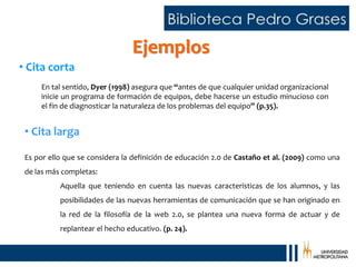 En tal sentido, Dyer (1998) asegura que “antes de que cualquier unidad organizacional
inicie un programa de formación de equipos, debe hacerse un estudio minucioso con
el fin de diagnosticar la naturaleza de los problemas del equipo” (p.35).
• Cita corta
Es por ello que se considera la definición de educación 2.0 de Castaño et al. (2009) como una
de las más completas:
Aquella que teniendo en cuenta las nuevas características de los alumnos, y las
posibilidades de las nuevas herramientas de comunicación que se han originado en
la red de la filosofía de la web 2.0, se plantea una nueva forma de actuar y de
replantear el hecho educativo. (p. 24).
• Cita larga
Ejemplos
 