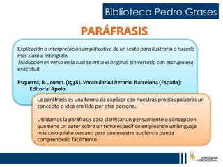 PARÁFRASIS
Explicación o interpretación amplificativa de un texto para ilustrarlo o hacerlo
más claro o inteligible.
Traducción en verso en la cual se imita el original, sin verterlo con escrupulosa
exactitud.
Esquerra, R. , comp. (1938). Vocabulario Literario. Barcelona (España):
Editorial Apolo.
La paráfrasis es una forma de explicar con nuestras propias palabras un
concepto o idea emitido por otra persona.
Utilizamos la paráfrasis para clarificar un pensamiento o concepción
que tiene un autor sobre un tema específico empleando un lenguaje
más coloquial o cercano para que nuestra audiencia pueda
comprenderlo fácilmente.
 