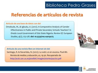 Referencias de artículos de revista
Artículo de una base de datos con doi
Omobude, M., & Igbudu, U. (2012). A Comparative Analysis of Gender
Effectiveness in Public and Private Secondary Schools Teachers' in
Oredo Local Government of Edo State Nigeria. Review Of European
Studies, 4(2), 175-178. doi: 10.5539/res.v4n2p175
Artículo de una revista libre en internet sin doi
Santiago, R. & Navaridas, N. (2012). La web 2.0 en escena. Pixel-Bit.
Revista de medios y educación, 41, 19-30. Recuperado de
http://acdc.sav.us.es/pixelbit/ imagies/stories/p41/02.pdf
 