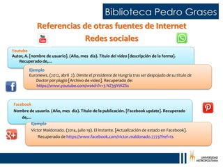 Referencias de otras fuentes de Internet
Redes sociales
Ejemplo
Euronews. (2012, abril 2). Dimite el presidente de Hungría tras ser despojado de su título de
Doctor por plagio [Archivo de video]. Recuperado de:
https://www.youtube.com/watch?v=3 NZ39YtKZSs
Youtube
Autor, A. [nombre de usuario]. (Año, mes día). Título del video [descripción de la forma].
Recuperado de,…
Facebook
Nombre de usuario. (Año, mes día). Título de la publicación. [Facebook update]. Recuperado
de,…
Ejemplo
Victor Maldonado. (2014, julio 19). El instante. [Actualización de estado en Facebook].
Recuperado de https://www.facebook.com/victor.maldonado.7773?fref=ts
 
