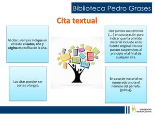 Cita textual
Al citar, siempre indique en
el texto el autor, año y
página específica de la cita.
En caso de material no
numerado anote el
número del párrafo.
(párr.4).
Use puntos suspensivos
(…) en una oración para
indicar que ha omitido
material incluido en la
fuente original. No use
puntos suspensivos al
principio ni al final de
cualquier cita.
Las citas pueden ser
cortas o largas.
 