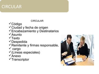 CIRCULAR
CIRCULAR
Código
Ciudad y fecha de origen
Encabezamiento y Destinatarios
Asunto
Texto
Despedida
Remitente y firmas responsable,
 cargo
(Líneas especiales)
Anexo
Transcriptor
 