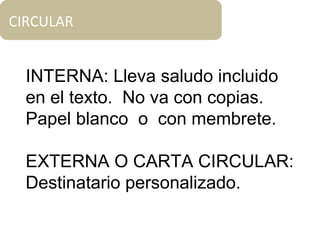 CIRCULAR
INTERNA: Lleva saludo incluido
en el texto. No va con copias.
Papel blanco o con membrete.
EXTERNA O CARTA CIRCULAR:
Destinatario personalizado.
 