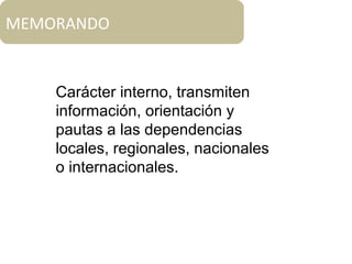 MEMORANDO
Carácter interno, transmiten
información, orientación y
pautas a las dependencias
locales, regionales, nacionales
o internacionales.
 