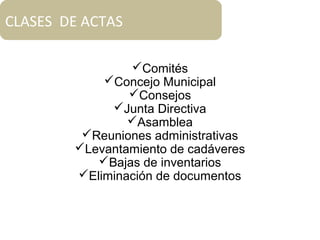 CLASES DE ACTAS
Comités
Concejo Municipal
Consejos
Junta Directiva
Asamblea
Reuniones administrativas
Levantamiento de cadáveres
Bajas de inventarios
Eliminación de documentos
 