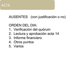 ACTA
AUSENTES (con justificación o no)
ORDEN DEL DIA:
1. Verificación del quórum
2. Lectura y aprobación acta 14
3. Informe financiero
4. Otros puntos
5. Varios
 