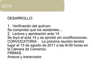 ACTA
DESARROLLO:
1. Verificación del quórum.
Se comprobó que los asistentes...
2. Lectura y aprobación acta 14.
Se leyó el acta 14 y se aprobó sin modificaciones.
CONVOCATORIA : La próxima reunión tendrá
lugar el 13 de agosto de 2011 a las l4:00 horas en
la Cámara de Comercio.
FIRMAS.
Anexos y transcriptor.
 
