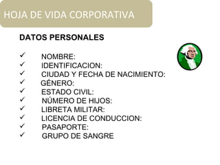 HOJA DE VIDA CORPORATIVA
DATOS PERSONALES
 NOMBRE:
 IDENTIFICACION:
 CIUDAD Y FECHA DE NACIMIENTO:
 GÉNERO:
 ESTADO CIVIL:
 NÚMERO DE HIJOS:
 LIBRETA MILITAR:
 LICENCIA DE CONDUCCION:
 PASAPORTE:
 GRUPO DE SANGRE
 