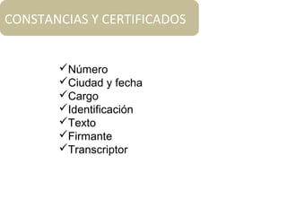 CONSTANCIAS Y CERTIFICADOS
Número
Ciudad y fecha
Cargo
Identificación
Texto
Firmante
Transcriptor
 