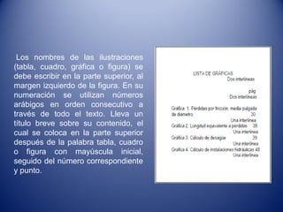 Los nombres de las ilustraciones
(tabla, cuadro, gráfica o figura) se
debe escribir en la parte superior, al
margen izquierdo de la figura. En su
numeración se utilizan números
arábigos en orden consecutivo a
través de todo el texto. Lleva un
título breve sobre su contenido, el
cual se coloca en la parte superior
después de la palabra tabla, cuadro
o figura con mayúscula inicial,
seguido del número correspondiente
y punto.
 