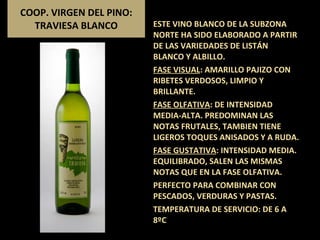 COOP. VIRGEN DEL PINO: TRAVIESA BLANCO ESTE VINO BLANCO DE LA SUBZONA NORTE HA SIDO ELABORADO A PARTIR DE LAS VARIEDADES DE LISTÁN BLANCO Y ALBILLO. FASE VISUAL : AMARILLO PAJIZO CON RIBETES VERDOSOS, LIMPIO Y BRILLANTE. FASE OLFATIVA : DE INTENSIDAD MEDIA-ALTA. PREDOMINAN LAS NOTAS FRUTALES, TAMBIEN TIENE LIGEROS TOQUES ANISADOS Y A RUDA. FASE GUSTATIVA : INTENSIDAD MEDIA. EQUILIBRADO, SALEN LAS MISMAS NOTAS QUE EN LA FASE OLFATIVA. PERFECTO PARA COMBINAR CON PESCADOS, VERDURAS Y PASTAS. TEMPERATURA DE SERVICIO: DE 6 A 8ºC 