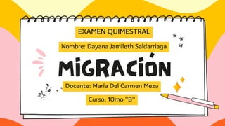 MIGRACIÓN
Nombre: Dayana Jamileth Saldarriaga
EXAMEN QUIMESTRAL
Docente: María Del Carmen Meza
Curso: 10mo "B"
 