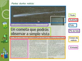 Partes dunha noticia:
Título
Subtítulo
Foto
Pé de foto
Corpo da
noticia
Entrada
 