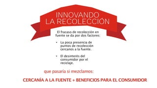 El fracaso de recolección en
fuente se da por dos factores:
• La poca presencia de
puntos de recolección
cercanos a la fuente.
• El desinterés del
consumidor por el
reciclaje.
que pasaría si mezclamos:
INNOVANDO
LA RECOLECCIÓN
CERCANÍA A LA FUENTE + BENEFICIOS PARA EL CONSUMIDOR
 