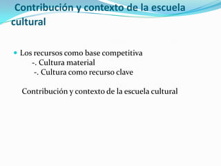 Contribución y contexto de la escuela culturalLos recursos como base competitiva      -. Cultura material       -. Cultura como recurso clave Contribución y contexto de la escuela cultural
