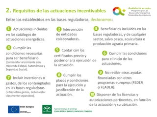 2. Requisitos de las actuaciones incentivables
❶ Actuaciones incluidas
en los catálogos de
actuaciones energéticas.
❷ Inte...
