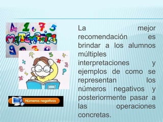 La
mejor
recomendación
es
brindar a los alumnos
múltiples
interpretaciones
y
ejemplos de como se
representan
los
números negativos y
posteriormente pasar a
las
operaciones
concretas.

 
